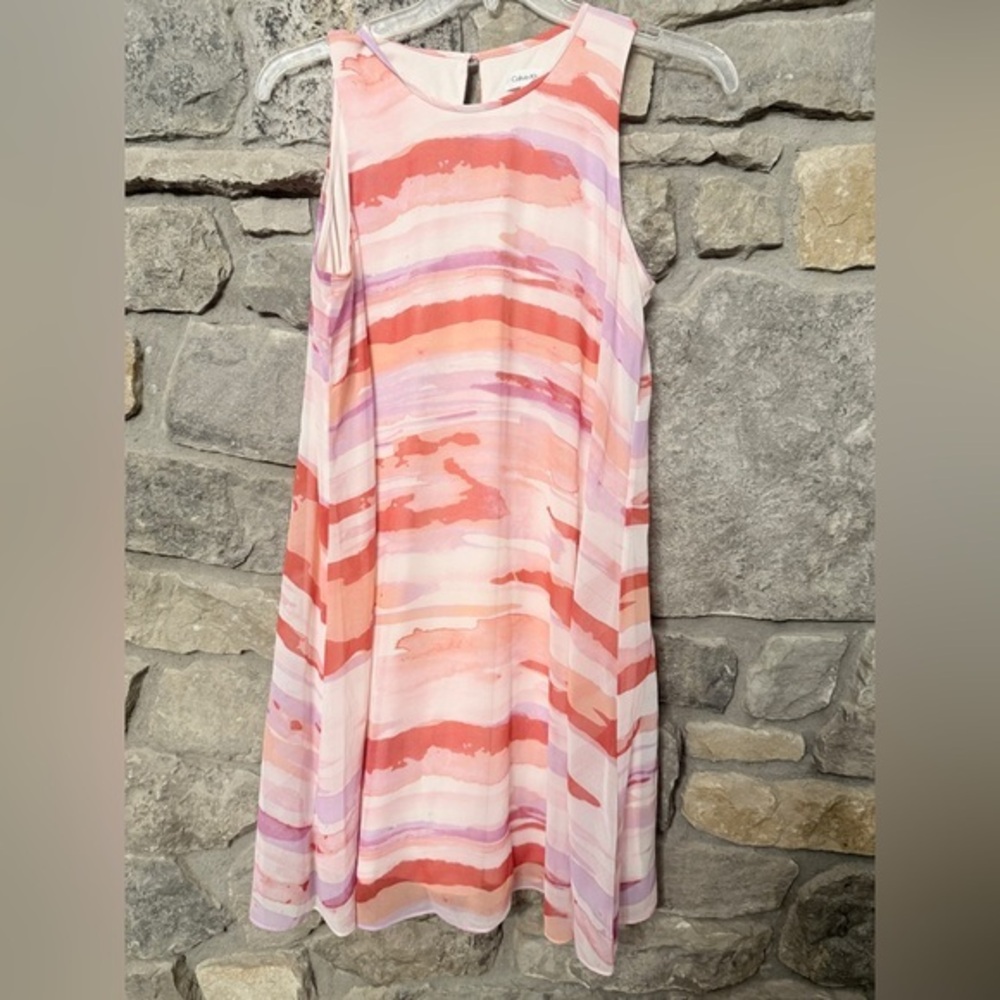 Calvin Klein Pink and Red Striped Modern Dress Sz 12 EUC AS